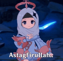 a cartoon girl with a hijab is holding a fish and says astagfirullah ..