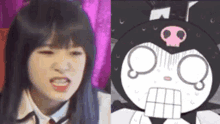 a girl is making a funny face next to a cartoon character with a skull on its head .