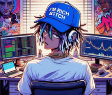 a cartoon of a person wearing a blue hat that says i 'm rich bitch