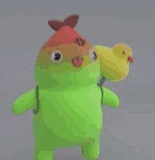 a green stuffed animal with a red head and a yellow bird on its shoulder .