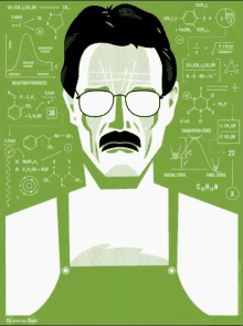 a drawing of a man with glasses and a mustache surrounded by chemical equations