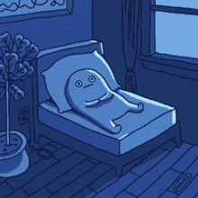 a cartoon character is laying on a bed with a sad face