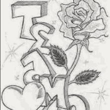 a black and white drawing of a rose , heart , and letters .