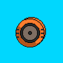 a pixel art drawing of an orange tire with a black rim on a blue background