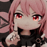 a girl with pink hair and red eyes holds her finger to her lips in front of a babel logo