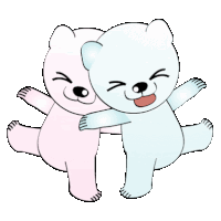 two teddy bears , one pink and one blue , are hugging each other on a white background .