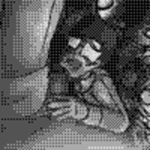 a black and white pixel art drawing of a man holding a gun .