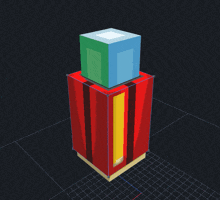 a 3d model of a red and yellow box with a blue cube on top