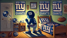 a cartoon of a new york giants mascot praying in a bedroom