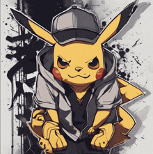 a drawing of a pikachu wearing a baseball cap and a hoodie