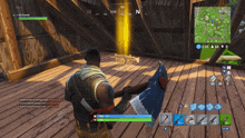 a man is playing a video game called fortnite with a yellow light coming out of his gun