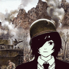 a black and white drawing of a girl wearing a helmet with a mountain in the background