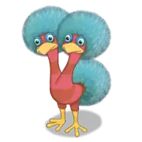 a cartoon ostrich with two heads and blue hair