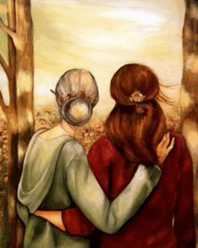 a painting of two women hugging each other while standing next to each other .