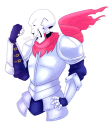 a drawing of a skeleton wearing armor with a red scarf around his neck