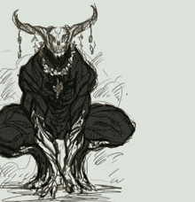 a drawing of a monster with horns and a necklace around its neck