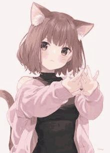 a girl with cat ears is making a peace sign .