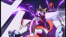 a red and white robot with a purple lightning bolt coming out of it 's head .