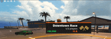 a downtown race has 1/2 players and a green car in the background