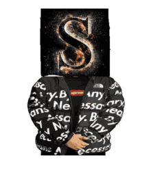 a person wearing a supreme jacket has a letter s on their head