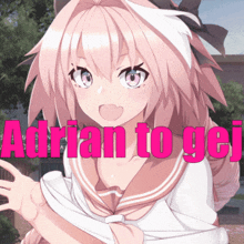 a pink haired anime girl with the words adrian to gei on the bottom