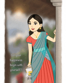 a cartoon of a woman with the words let your happiness begin with yourself on the bottom