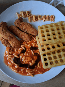 a plate of food with the word wee flecker written in macaroni and cheese letters