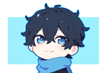 a drawing of a boy with blue eyes and a blue scarf