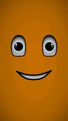 a cartoon smiley face with big eyes and a smile on an orange background