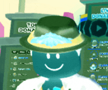 a cartoon character is wearing a hat and smiling in front of a sign that says tot dons