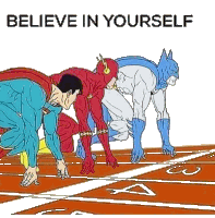 a cartoon of superman , flash , and batman getting ready to run a race .