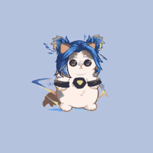 a drawing of a cat with blue hair and a necklace with a diamond on it