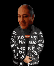 a man wearing a black jacket with supreme written all over it