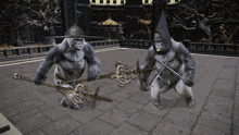 two gorillas holding swords in a video game scene