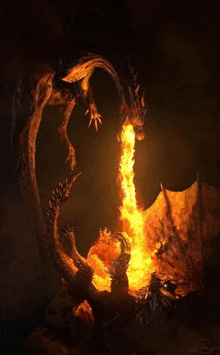 a painting of a dragon with flames coming out of it 's mouth