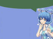 a blue haired anime girl with a green speech bubble