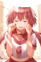 a girl with red hair is crying while wearing a sailor uniform