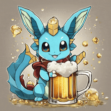 a cartoon drawing of a blue pokemon holding a mug of beer