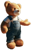 a teddy bear wearing overalls and a white shirt is standing on a white background