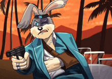 a cartoon of a bunny holding a gun in front of palm trees