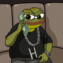 a cartoon of a frog talking on a cell phone while holding a stack of 100 dollar bills