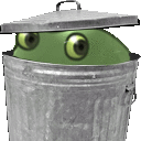 a garbage can with a green frog in it .