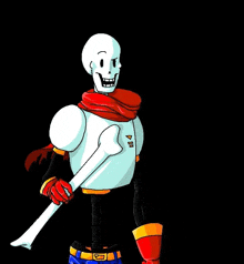 papyrus from undertale is wearing a scarf and holding a bone .