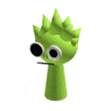 a green cartoon character with big eyes and a crown on its head .