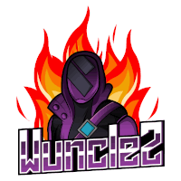 a logo for wunclez with a purple hooded figure in front of fire