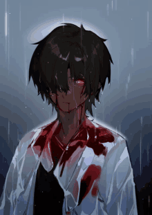 a drawing of a man with blood on his face