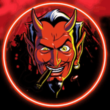 a devil with horns is smoking a cigar in a red circle