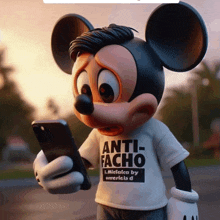 a mickey mouse figurine wearing an anti-facho shirt