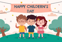 a banner that says happy children 's day with three children