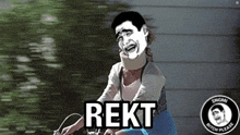 a cartoon of a man riding a bike with the word rekt on the bottom .